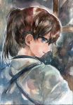 1044kiro 1girl absurdres blue_eyes brown_hair from_behind highres japanese_clothes kaga_(kantai_collection) kantai_collection looking_at_viewer looking_to_the_side millipen_(medium) nape open_mouth portrait profile side_glance side_ponytail smile solo tasuki traditional_media watercolor_(medium) 