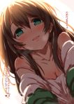  1girl bare_shoulders blush bra breasts breath brown_hair clearite green_eyes long_hair looking_at_viewer open_mouth smile solo strap_slip sweat tamasaka_makoto tokyo_7th_sisters translation_request underwear 