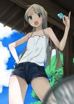  1girl apon blurry casual depth_of_field from_below holding long_hair looking_at_viewer open_mouth original ponytail popsicle shorts solo summer 