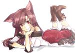  1girl animal_ears ass bare_shoulders boots breasts brooch brown_hair dress feet_up frilled_dress frills hand_on_own_face imaizumi_kagerou jewelry long_hair looking_at_viewer lying no_tail numany red_dress red_eyes simple_background smile socks touhou white_background wolf_ears 