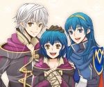  1boy 2girls blue_eyes blue_hair family father_and_daughter fingerless_gloves fire_emblem fire_emblem:_kakusei gloves happy hood_down long_hair looking_at_viewer lucina mark_(fire_emblem) mother_and_daughter multiple_girls my_unit open_mouth pauldrons petting sawako68 short_hair smile tiara white_hair yellow_eyes 