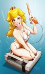  1girl blonde_hair blue_eyes breasts cleavage controller crown earrings francisco_trebuxet freckles game_controller gun jewelry lips necklace nes nintendo nose one-piece_swimsuit open_mouth pendant princess_peach sitting solo super_mario_bros. swimsuit wariza weapon 