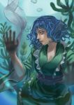  1girl air_bubble blue_eyes blue_hair breasts cleavage cmy eyebrows eyelashes fins fish_tail japanese_clothes kimono lips looking_at_viewer mermaid monster_girl nose perspective raised_hand tagme tank_(container) touhou underwater wakasagihime wavy_hair wide_sleeves 