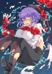  1girl blush breasts crying electricity hat iroyopon large_breasts nagae_iku open_mouth purple_hair ribbon shawl short_hair solo tears torn_clothes touhou 