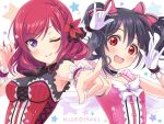  2girls :d \m/ black_hair bow character_name choker collarbone double_\m/ gloves hair_bow hair_ornament hair_ribbon love_live!_school_idol_project multiple_girls nishikino_maki one_eye_closed open_mouth pointing pointing_at_viewer red_eyes redhead ribbon smile twintails violet_eyes white_gloves wrist_cuffs yazawa_nico yuuki_(yukinko-02727) 