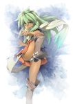  1girl boots dark_skin emerada_(xenogears) green_hair kamitsurugi_ouka kicking leg_up long_hair panties pantyshot pantyshot_(standing) scarf skirt solo standing underwear white_panties xenogears yellow_eyes 