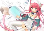  1girl :d animal_ears bandages bare_shoulders blue_eyes blush box breasts cat_ears cat_tail cleavage fang garters hair_ornament hat heart large_breasts large_syringe long_hair looking_at_viewer midorikawa_you multiple_tails nurse nurse_cap open_mouth original oversized_object panties pink_hair revision smile solo syringe tail thigh-highs underwear white_legwear 