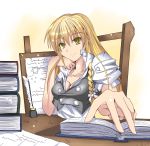  1girl blonde_hair book breasts cleavage highres ink_bottle kirisame_marisa large_breasts light_smile long_hair luna_(gunfire) popped_collar quill sitting solo touhou yellow_eyes 