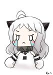  1girl :&lt; absurdres ahoge blush_stickers chibi crying crying_with_eyes_open highres horns kantai_collection long_hair looking_at_viewer mittens northern_ocean_hime pale_skin ron_(hengyep) silver_hair simple_background sketch solo streaming_tears tears white_background 