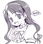  1girl bow chloe_ardenne chloe_no_requiem dress english hair_bow kangmoro long_hair monochrome purple_hair smile solo 