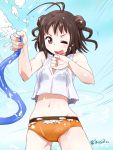  1girl ;p alternate_costume antenna_hair brown_eyes brown_hair casual double_bun hair_bun holding ikusotsu kantai_collection looking_at_viewer naka_(kantai_collection) navel one_eye_closed open_mouth solo tongue tongue_out water water_hose wet wet_clothes 