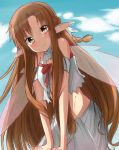  1girl asuna_(sao-alo) brown_eyes brown_hair fairy_wings head_tilt highres leaning_forward long_hair looking_at_viewer midriff pentagon_(railgun_ky1206) pointy_ears smile solo sword_art_online wings 