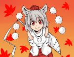  1girl :3 animal_ears autumn_leaves breasts hat inubashiri_momiji leaf leaf_background looking_at_viewer pom_pom_(clothes) red_eyes short_hair silver_hair smile solo sword tokin_hat touhou v_arms weapon wolf_ears 