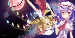  2girls blonde_hair fang flandre_scarlet hat looking_at_viewer moon multiple_girls open_mouth purple_hair red_eyes red_moon remilia_scarlet ribbon side_ponytail tika_(mika4975) touhou upside-down wings 
