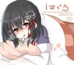  al_bhed_eyes black_hair blanket blush brown_eyes character_name dated digital_thermometer fever haguro_(kantai_collection) hair_ornament heavy_breathing highres kantai_collection nora pillow pillow_hug short_hair sick signature simple_background tears under_covers uniform white_background 