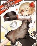  1girl apron black_dress blonde_hair bowl chocolate dress egg english hair_ribbon heart highres licking_lips long_sleeves looking_at_viewer mittens one_eye_closed red_eyes ribbon rumia shirt smile solo spark621 spatula touhou valentine whisk 