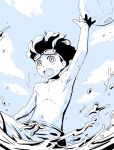  1boy arm_up armpits ball beachball blue clouds fisheye goggles goggles_on_head hamano_kaiji inazuma_eleven_(series) inazuma_eleven_go male mizuhara_aki monochrome navel no_nipples open_mouth shirtless sky solo water 