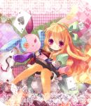  1girl blonde_hair bloomers card hairband kosuzume long_hair looking_at_viewer object_hug original playing_card sitting solo stuffed_animal stuffed_bunny stuffed_toy underwear violet_eyes 