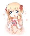  1girl :d araki495 blonde_hair blue_eyes bow child gift hair_bow heart looking_at_viewer open_mouth smile solo toshinou_kyouko valentine younger yuru_yuri 