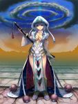  1girl boots breasts brown_eyes cleavage collarbone detached_sleeves hat katana large_breasts long_sleeves masao no_bra original personification revealing_clothes see-through side_slit silver_hair solo squid_hat standing sword tentacles twintails weapon wide_sleeves 