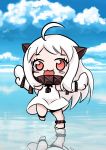  1girl :3 :d absurdres ahoge chibi highres horns kantai_collection long_hair looking_at_viewer mittens northern_ocean_hime ocean open_mouth outstretched_arms pale_skin red_eyes ron_(hengyep) sky smile solo spread_arms standing_on_one_leg white_hair 