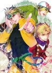  blonde_hair diego_brando dual_persona fangs headband helmet jacket jojo_no_kimyou_na_bouken kbs pointing red_eyes scarf scary_monster_(stand) stand_(jojo) steel_ball_run sweater tail vampire yellow_jacket 