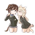  2girls animal_ears aqua_eyes blonde_hair blush bomber_jacket bottomless brown_hair buttons closed_eyes dog_ears dog_tail erua fox_ears fox_tail heart incoming_kiss jacket leaning leaning_forward long_hair long_sleeves looking_away military military_uniform multiple_girls ottilie_kittel short_hair simple_background strike_witches tail uniform waltraud_nowotny white_background 
