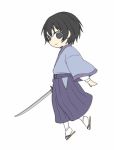  1boy animated animated_gif black_hair chibi hakama japanese_clothes katana kimono lowres rinko-h rurouni_kenshin samurai seta_soujirou smile solo standing_on_one_leg sword ugoira weapon 