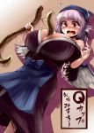  1girl alternate_breast_size apron bare_shoulders between_breasts blush bouncing_breasts breasts brown_eyes calpish curvy ears eel head_scarf huge_breasts japanese_clothes kimono mystia_lorelei open_mouth purple_hair sexually_suggestive tears tongue touhou translation_request wings 