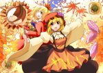 2girls :d aki_minoriko aki_shizuha apple b-q back-to-back basket blonde_hair food fruit grapes hair_ornament hat leaf_hair_ornament looking_at_viewer looking_back multiple_girls open_mouth outstretched_arms pear short_hair smile spread_arms touhou wide_sleeves yellow_eyes 