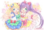  2girls ;d blonde_hair blue_eyes bow double_bun green_eyes hair_bow hair_bun hair_ornament hair_ribbon heart heart-shaped_pupils kosuzume long_hair looking_at_viewer manaka_lala minami_mirei multiple_girls one_eye_closed open_mouth puri_para purple_hair reaching ribbon smile symbol-shaped_pupils twintails twitter_username 