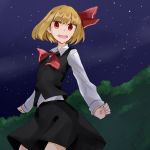 :d ascot bei_mochi blonde_hair blush forest hair_ribbon nature night night_sky open_mouth red_eyes ribbon rumia shirt short_hair sitting skirt skirt_set sky smile solo star_(sky) starry_sky teeth touhou tree vest white_shirt 