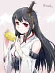 1girl black_hair corn detached_sleeves food food_on_face fusou_(kantai_collection) hair_ornament holding ikusotsu kantai_collection long_hair looking_at_viewer nontraditional_miko red_eyes smile solo 