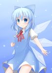  1girl blue_eyes blue_hair bow cirno clenched_hand dress hair_bow highres maguro-dama puffy_short_sleeves puffy_sleeves short_hair short_sleeves smile touhou wings 