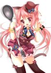  1girl :d animal_ears black_legwear breasts cat_ears cat_tail cleavage frilled_skirt frills hat holding leaning_forward long_hair looking_at_viewer low_twintails open_mouth original pink_eyes pink_hair skirt smile solo spoon tail thigh-highs twintails yuutsuki_hina zettai_ryouiki 