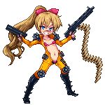  1girl 5pb. bikini billy_the_kid_(eiyuu_senki) blonde_hair blue_eyes boots bow eiyuu_senki flat_chest grin gun hair_bow jumpsuit knee_pads long_hair lowres navel niino nose_scar open_clothes pixel_art scar shoulder_pads simple_background smile solo standing swimsuit weapon 