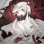  1girl breasts cleavage covered_mouth horns itomugi-kun kantai_collection large_breasts long_hair looking_at_viewer machinery midway_hime monster pale_skin red_eyes shinkaisei-kan solo turret veins white_hair 