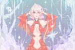  1girl bare_shoulders breasts center_opening cleavage detached_sleeves elbow_gloves gloves guilty_crown hair_ornament hairclip hands_on_own_head long_hair looking_at_viewer navel open_mouth pink_hair red_eyes solo twintails yuzuriha_inori 
