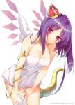  1girl :o bare_shoulders blush breasts cleavage cowboy_shot crown dress flat_gaze galaxy_dungeon hands_on_thighs head_tilt leaning_forward long_hair looking_at_viewer mechanical_wings mini_crown purple_hair sazaki_ichiri solo strapless_dress tail violet_eyes white_background white_dress wings 