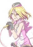  1boy 1girl blonde_hair clearite dress earrings echizen_murasaki gloves hat jewelry microphone multicolored_hair open_mouth short_hair sketch smile solo sweat tokyo_7th_sisters violet_eyes 