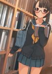  1girl :d apon bag black_hair book bookshelf brown_eyes glasses holding holding_book library looking_at_viewer low_twintails open_mouth original pleated_skirt school_bag school_uniform serafuku skirt smile solo twintails 