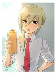  1boy afuro_terumi blonde_hair bottle brown_eyes bust inazuma_eleven_(series) inazuma_eleven_go long_hair looking_at_viewer male mizuhara_aki necktie older open_mouth ponytail solo tie_clip water_bottle white_border 