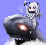  1girl barefoot glowing glowing_eyes hayake_(chenran) highres horns i-class_destroyer kantai_collection long_hair mittens monster northern_ocean_hime open_mouth pale_skin red_eyes shinkaisei-kan solo sweatdrop white_hair 