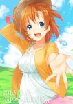  1girl blue_eyes dated dress happy_birthday hat jewelry kousaka_honoka love_live!_school_idol_project necklace open_mouth outstretched_arm shishigomi side_ponytail smile solo 