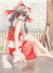  1girl arm_support barefoot black_eyes bow brown_hair covered_mouth detached_sleeves frilled_skirt frills hair_bow hair_tubes hakurei_reimu highres looking_at_viewer mechanical_pencil midriff outdoors pencil sitting skirt solo touhou traditional_media tree uryan! watercolor_(medium) 