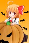  1girl :o bat fang hair_ribbon halloween maguro-dama pumpkin red_eyes ribbon rumia shirt short_hair touhou 