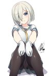  1girl blue_eyes darkmaya gloves hair_ornament hair_over_one_eye hairclip hamakaze_(kantai_collection) kantai_collection looking_at_viewer panties panties_under_pantyhose pantyhose pantyshot short_hair silver_hair sitting smile solo thighband_pantyhose underwear 