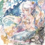  1044kiro 1girl aqua_eyes bangs blunt_bangs bracelet colored_pencil_(medium) flower head_fins highres jewelry long_hair mermaid monster_girl original ponytail profile shell solo traditional_media underwater very_long_hair watercolor_(medium) wavy_hair white_hair 