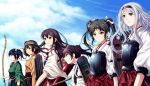  6+girls akagi_(kantai_collection) black_hair blue_sky bow_(weapon) brown_eyes brown_hair flight_deck green_eyes grey_hair hair_ribbon hakama_skirt headband hiryuu_(kantai_collection) japanese_clothes kaga_(kantai_collection) kantai_collection long_hair multiple_girls profile red_skirt ribbon shian_(my_lonly_life.) short_hair shoukaku_(kantai_collection) side_ponytail silver_hair single_glove skirt sky souryuu_(kantai_collection) tasuki twintails weapon yugake zuikaku_(kantai_collection) 