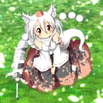  1girl bare_shoulders detached_sleeves from_above grass hat hat_ribbon highres inaba_tewi inubashiri_momiji long_sleeves meitou_muku red_eyes ribbon shirt silver_hair sitting skirt smile solo sword tail tokin_hat touhou v_arms wariza weapon wide_sleeves wolf_tail 